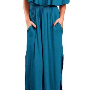 Teal Off-Shoulder Maxi Dress with Pockets